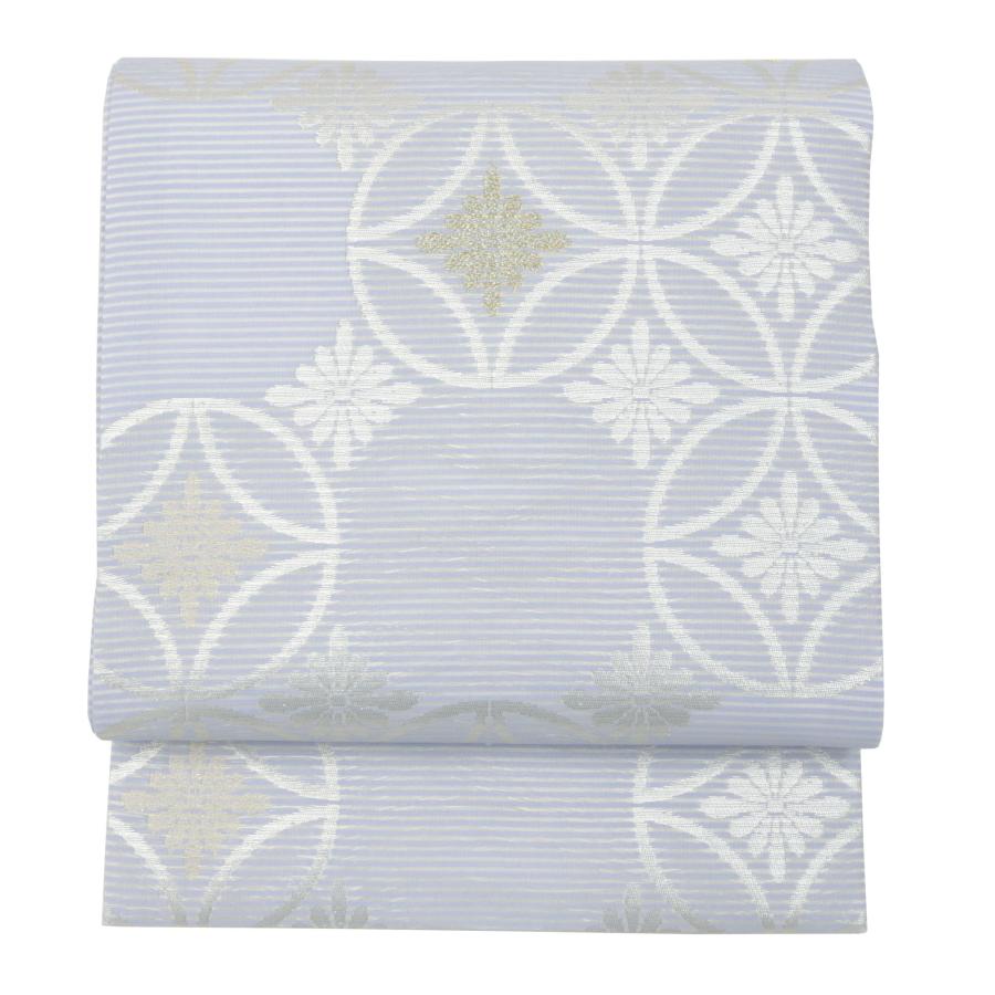 名古屋帯 正絹 夏 単衣 未使用 仕立て済み 淡い青 七宝 花菱 夏帯 セミ