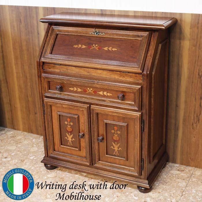 イタリア デスク ライティング ビューロー 2ドア 茶 象嵌 丸脚 完成品