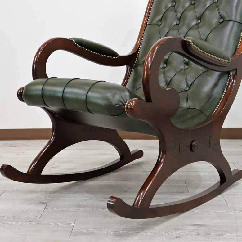 ロッキングチェア おしゃれ 木製 猫脚 イタリア 完成品 本皮 グリーン