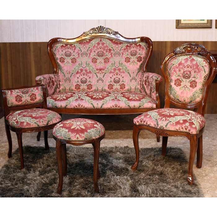 イタリア 二人がけソファー 猫脚 金華山織り ピンク 木製 完成品 イス