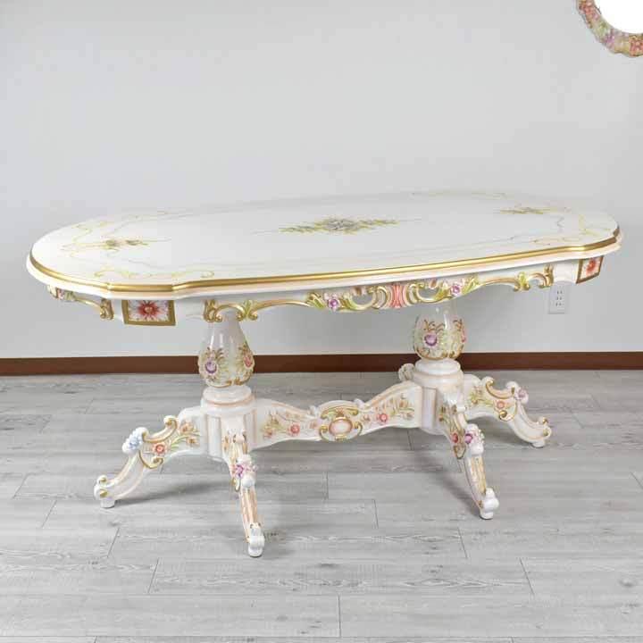 ロココ調 ダイニングテーブル5点セット 160cm 本皮 ピンク チェア