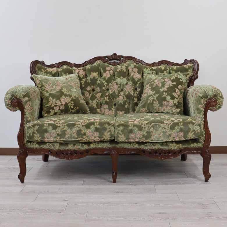 イタリア 2Pソファ 金華山グリーン Marsiglia 2P アンティーク 家具 猫