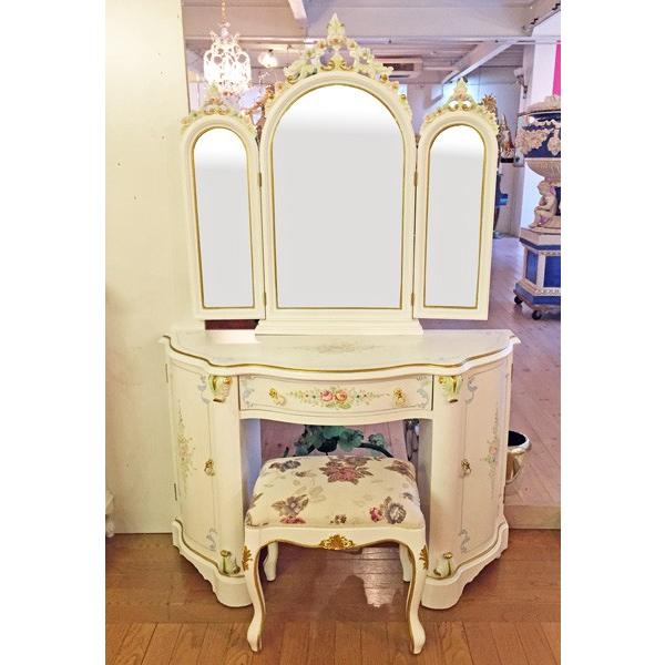 ロココ調 ドレッサー 三面鏡 イス付き 白家具 アンティーク エレガント