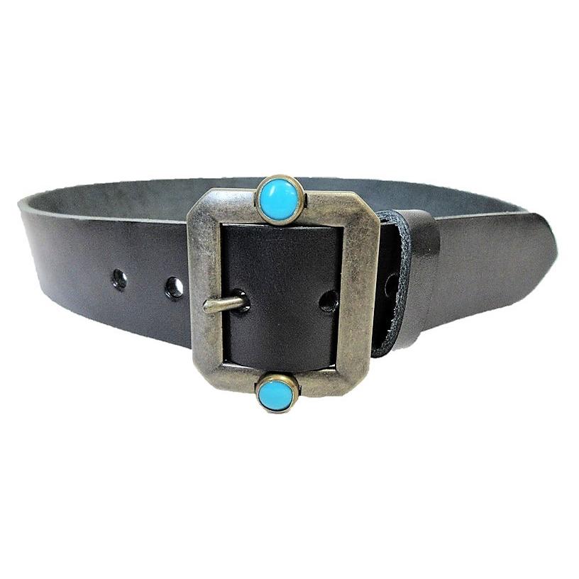 栃木レザーベルト 黒 スタッズ付きバックル ターコイズカラー