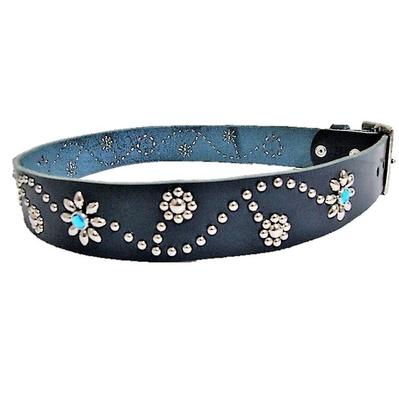 栃木レザー フラワー型 スタッズベルト ネイビー アクアブルースポッツ