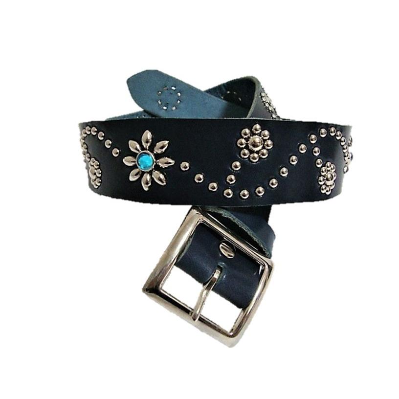 栃木レザー フラワー型 スタッズベルト ネイビー アクアブルースポッツ