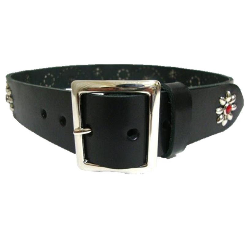 栃木レザー フラワー型 スタッズベルト 黒 レッドスポッツ 日本製 一枚