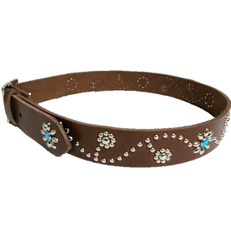 栃木レザー フラワー型 スタッズベルト チョコ アクアブルースポッツ