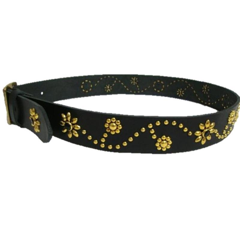 真鍮製バックル 栃木レザー フラワー型スタッズベルト 黒 ブラック