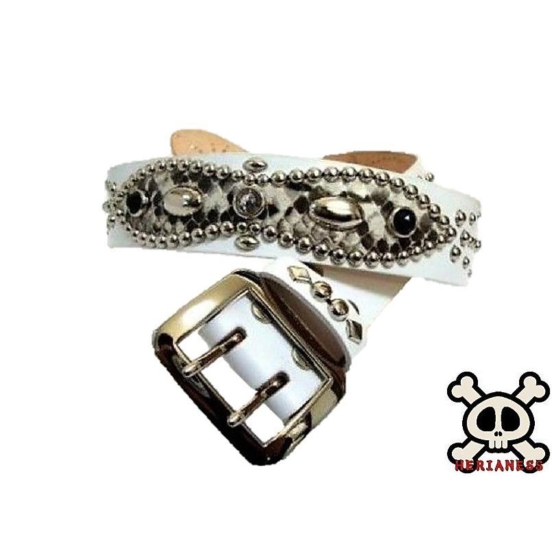 栃木レザー ピーナッツ型 スタッズベルト 白 ダイヤモンドパイソン