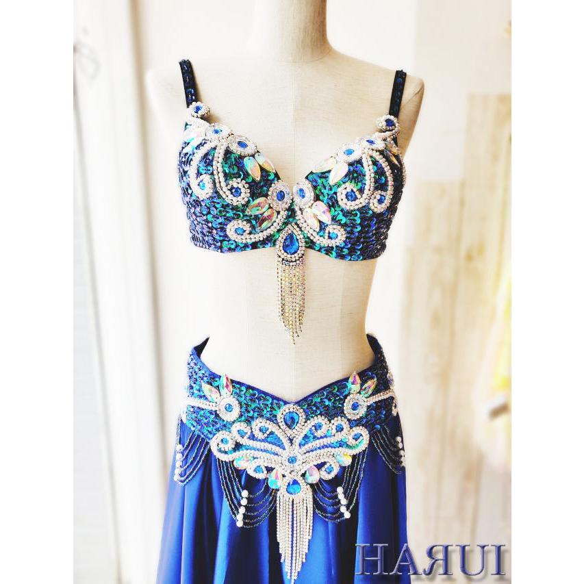 ベリーダンス 衣装 ブラ ベルト パール しずく 上下2点 セット 青