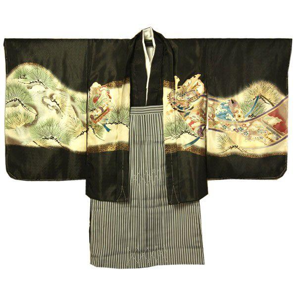 男の子七五三5歳 黒紋付羽織袴セット 鷹の柄 五つ紋入れサービス 男児