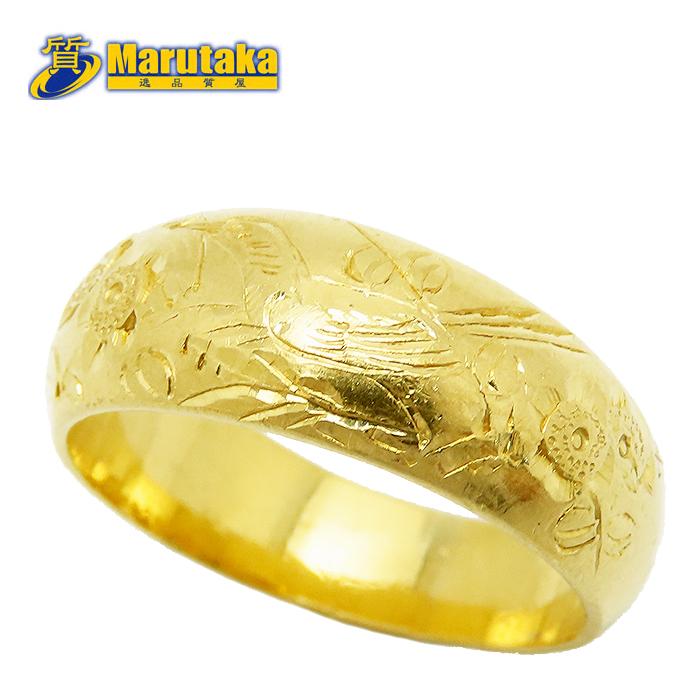 純金 花 鳥 モチーフ リング K24 9.9g 彫柄 甲丸 指輪 フラワー バード