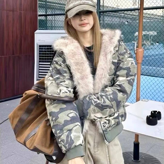 カモフラ 迷彩柄 ファー パーカー ジップアップ 韓国 ストリート系 Y2K