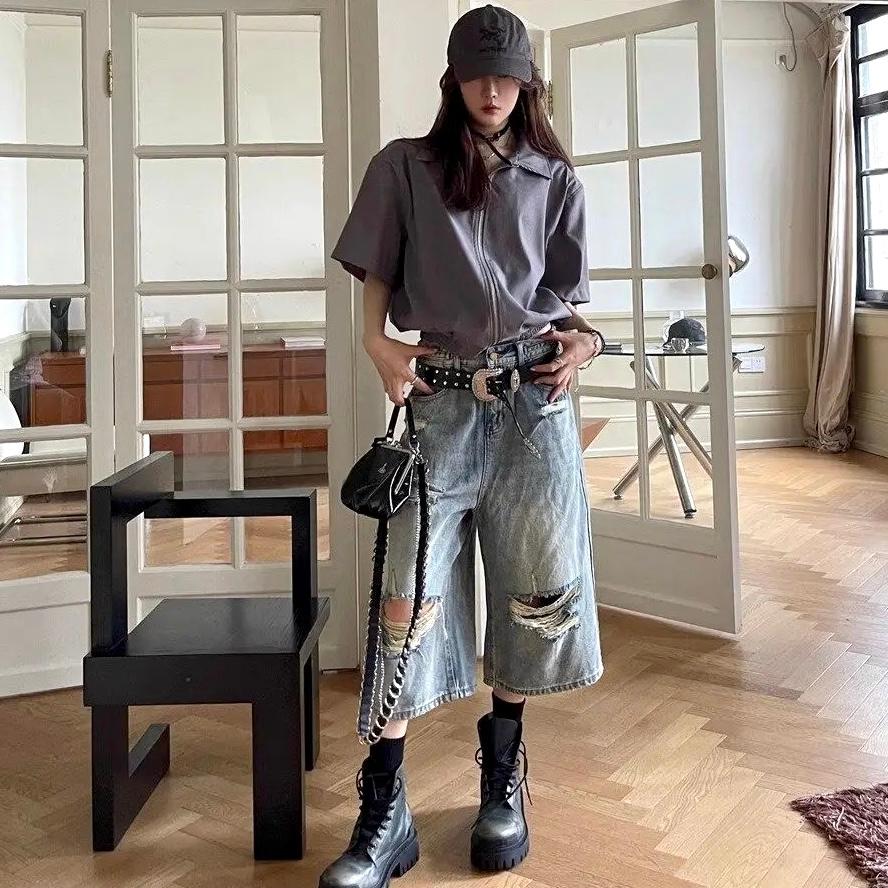 デニム ハーフ パンツ クロップド 半端丈 ダメージ 韓国 ストリート系