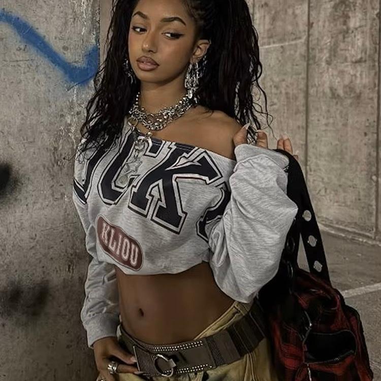 オフショル トレーナー スウェット ロゴ 韓国 ストリート系 Y2K ダンス