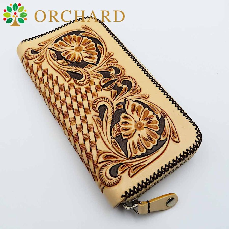 長財布 ロングウォレット フラワー 編み込み カービング 牛革