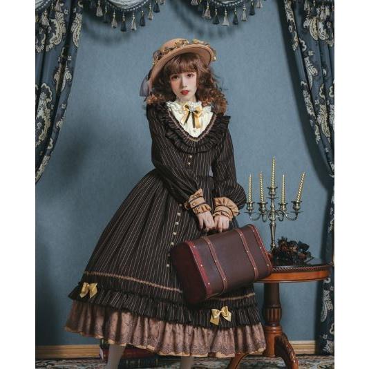 ロリータ服 ストライプ編み上げ ワンピース3色 クラシカル リボン