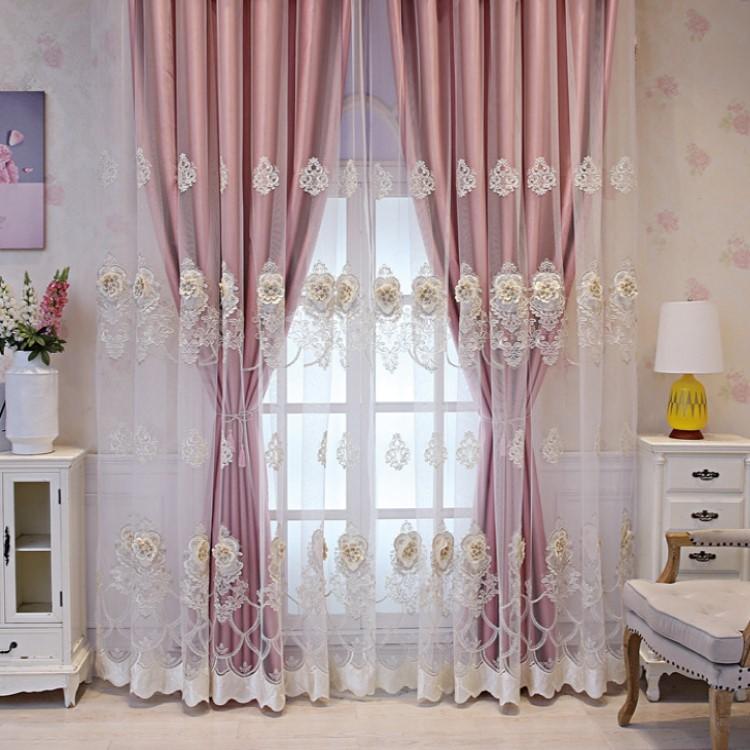 立体刺繍柄レース付き カーテン 一級遮光 オーダー 高級 ドレープ