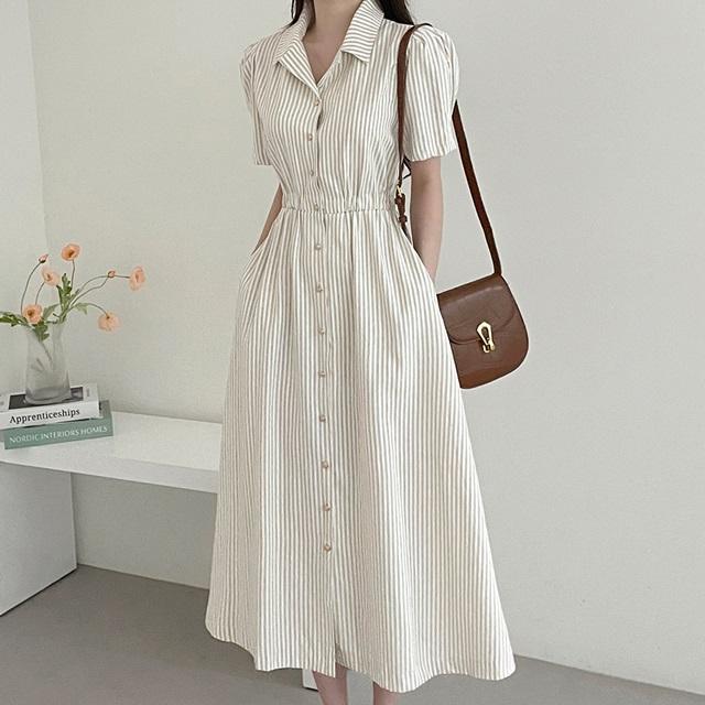襟付き シャツワンピース ストライプ ロング ワンピース 春 カジュアル