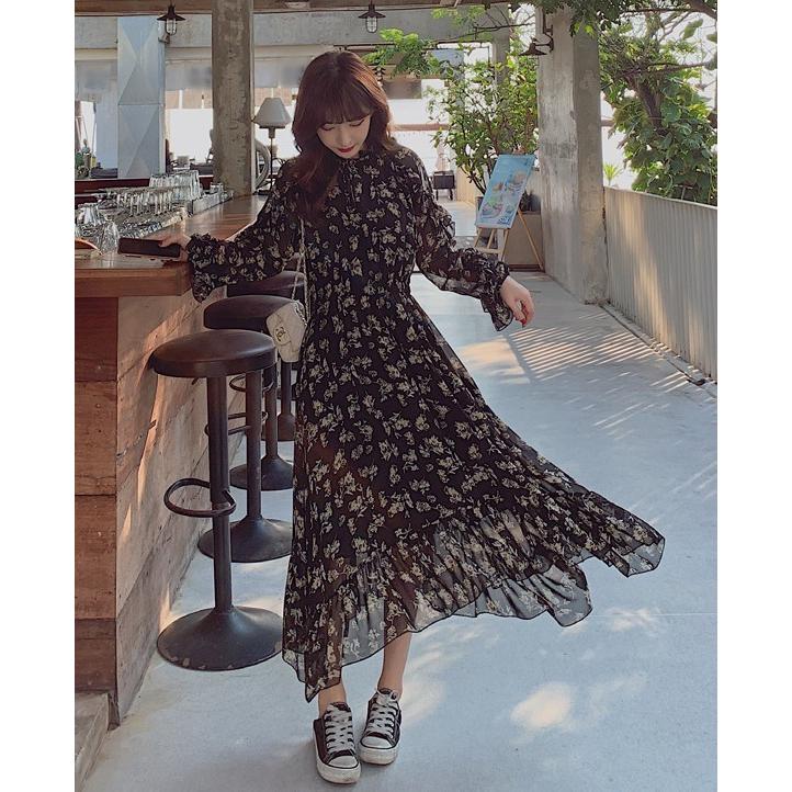 シースルー 花柄 ワンピース レディース ロングワンピース 長袖