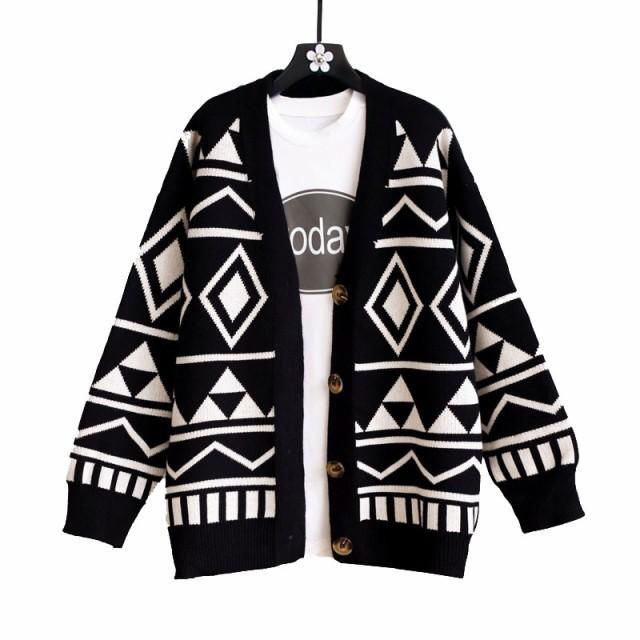 ニットカーディガン 秋冬 レディース トップス 長袖 幾何学模様