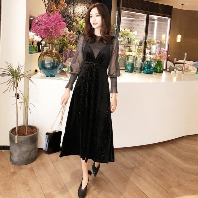 パーティードレス シースルー デート服 長袖 袖あり ハイネック 結婚式