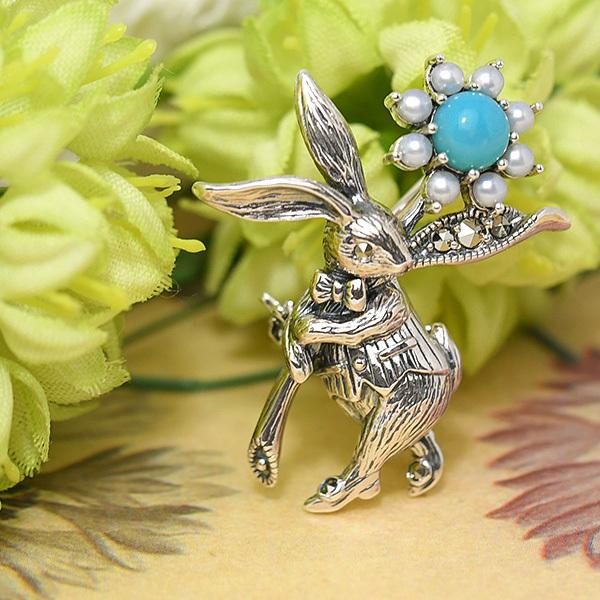 碌山 ターコイズ シードパール うさぎ ブローチペンダント おめかし