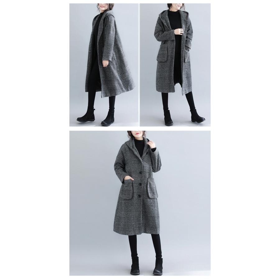 グレンチェックコートレディースアウターフーデットフードロング丈