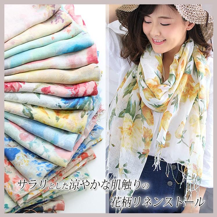 花柄 大判 ストール レディース 春 夏 秋 用 リネン 麻 コットン 綿 混