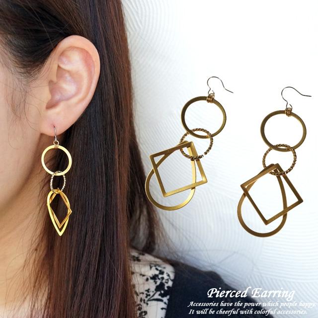 レディースピアス ジオメトリック 丸 四角 スクエア ドロップ 雫型