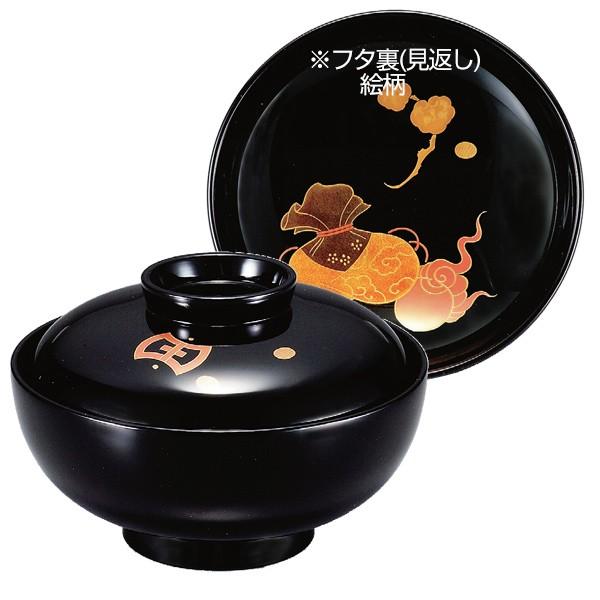 煮物椀 木製 4.5寸 宝尽くし 黒漆塗 漆塗 吸物椀 お椀 食器 研出し 磨