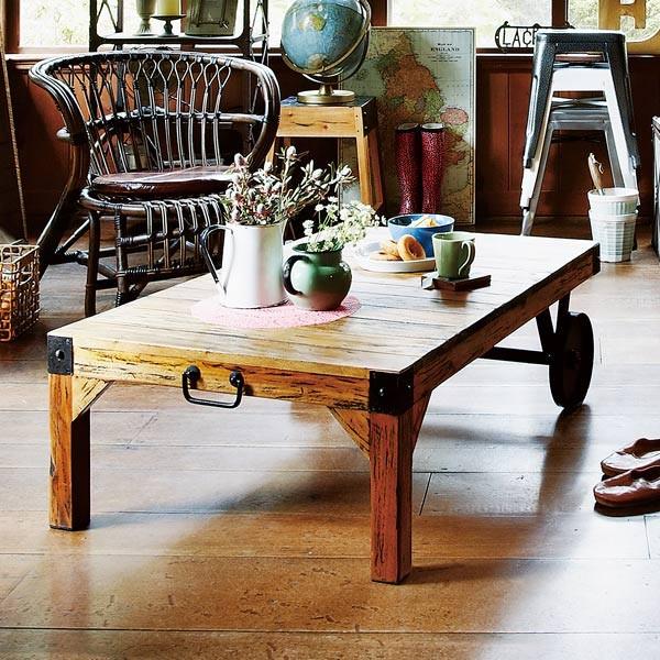 ローテーブル 天然木 ミッドセンチュリー 車輪付 トロリー 幅106cm