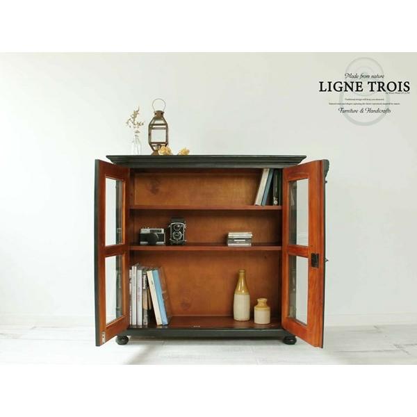 フレンチガラスキャビネット 収納 飾り棚 本棚 黒 木製 アンティーク