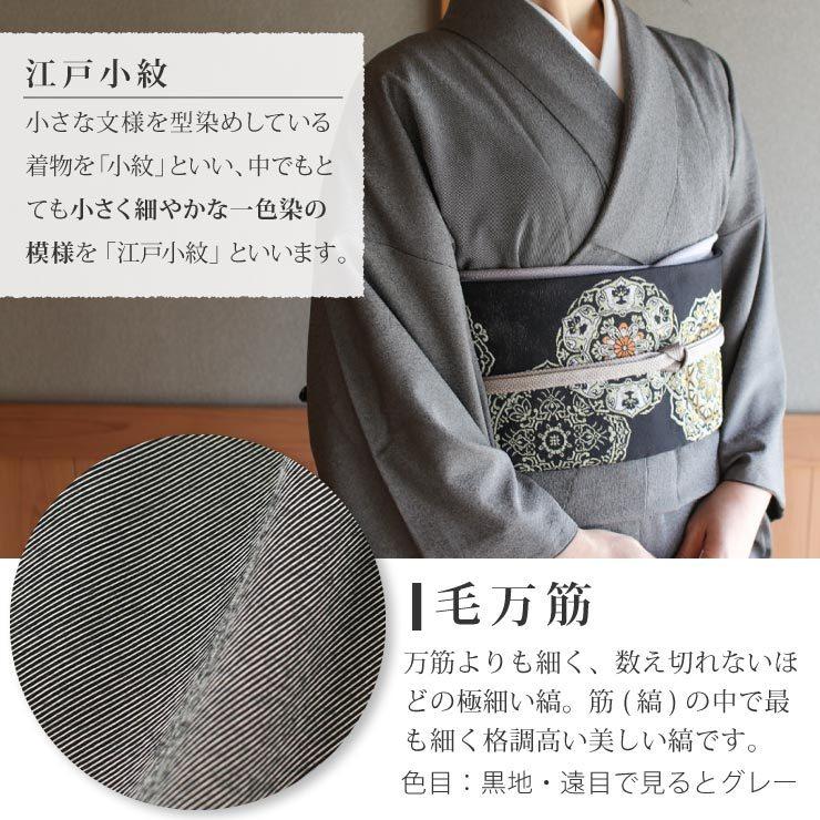 洗える 着物 江戸小紋 袷 毛万筋 鉄黒色 M L サイズ 日本製 レディース