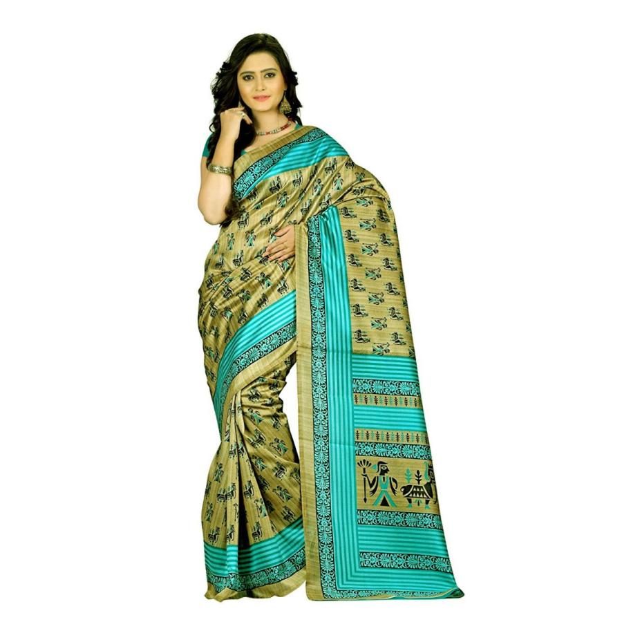 送料無料】インド民族衣装サリー シルク調レーヨン 黄土エメラルド