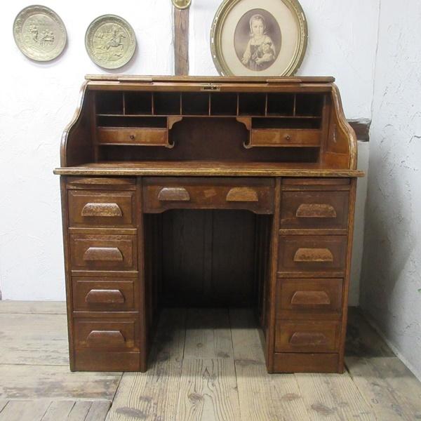 イギリス アンティーク 家具 ロールトップ デスク 机 作業台 収納 木製