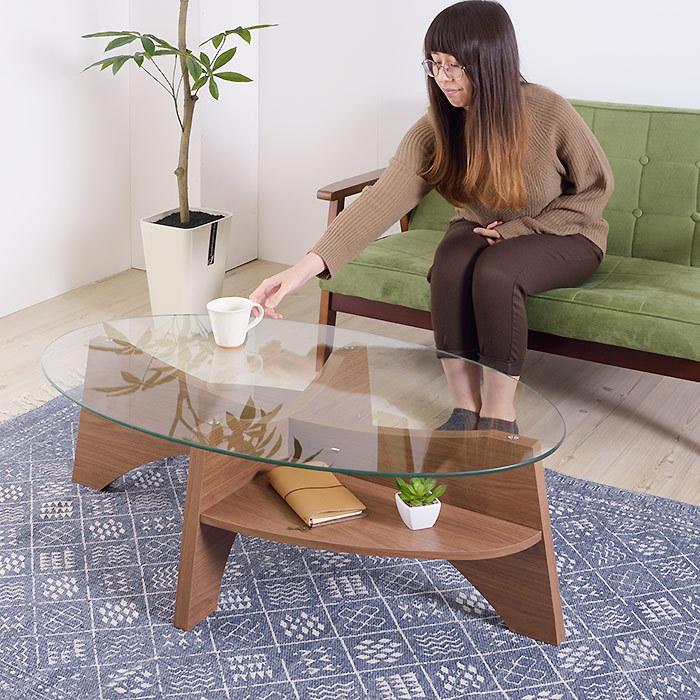 楕円形ガラステーブル ローテーブル 幅105cm 収納棚付き ラック付き le