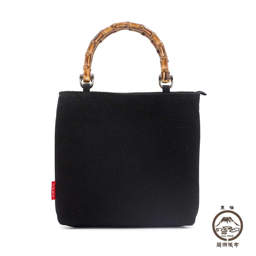 刺し子 手提げバッグ バンブー 竹製持ち手 白黒 黒 スクエア 祭り用品