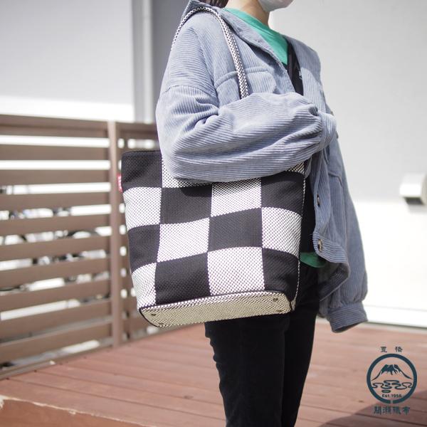 刺し子 パッチワーク トートバッグ 市松柄 ツートン 縦長 A4サイズ