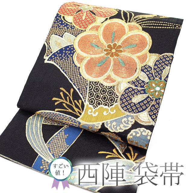 すごい値！袋帯 正絹 京都 西陣 上質 金糸 黒地 梅 笹 絹芯仕立て