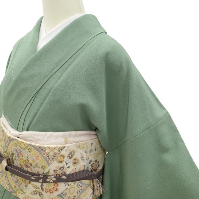 色無地 着物 未使用 正絹 袷 緑 グレイッシュグリーン セミフォーマル