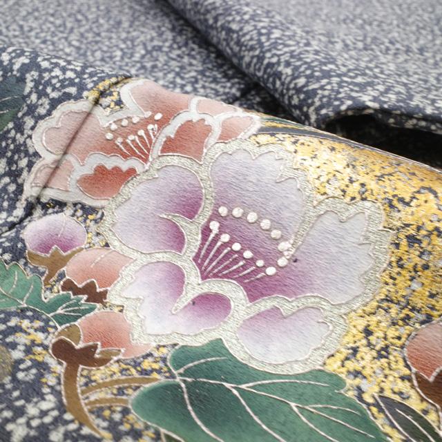 訪問着 着物 正絹 袷 フォーマル グレー 四季の花 流水 たたき染め