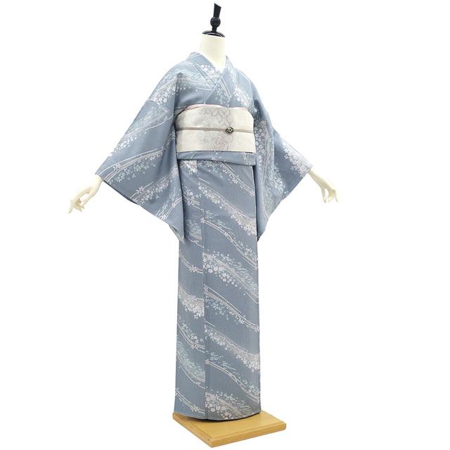 小紋 着物 未使用 正絹 染め柄 淡ブルーグレー 桜 花 流線 カジュアル