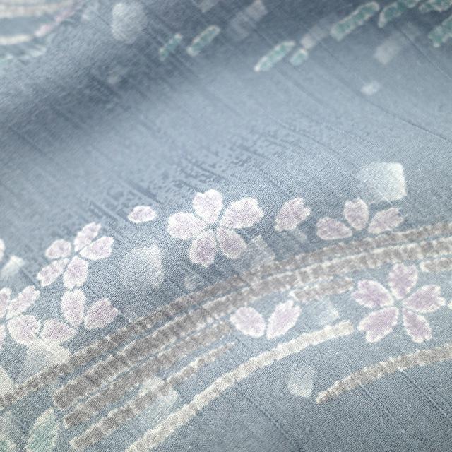 小紋 着物 未使用 正絹 染め柄 淡ブルーグレー 桜 花 流線 カジュアル