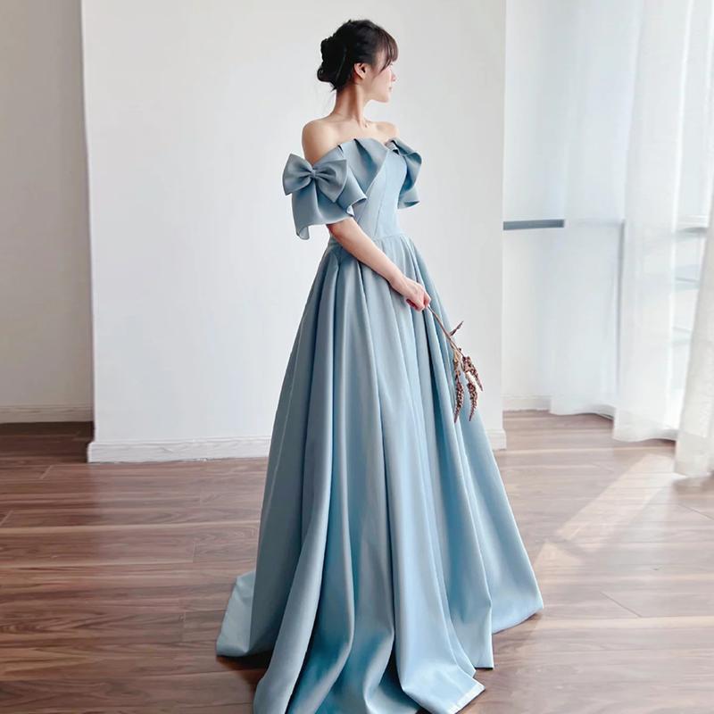 カラードレス ブルー リボン オフショルダー 前撮り 披露宴 ロング