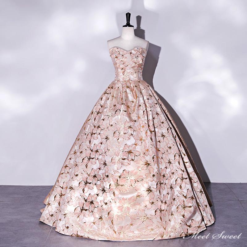 カラードレス 編み上げ ピンク 花柄 ビスチェ ロングドレス 結婚式