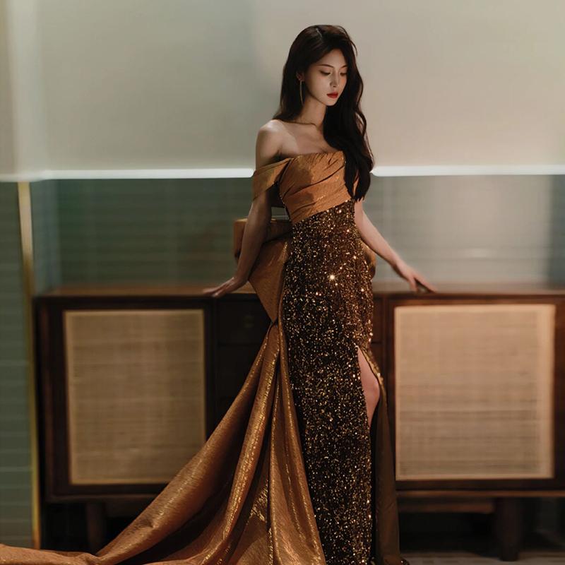 カラードレス ゴールド オフショルダー ロングドレス 結婚式 二次会