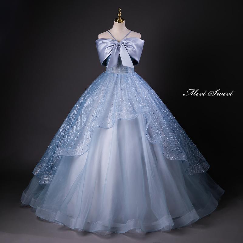 カラードレス プリンセスライン ロングドレス ブルー フリル リボン