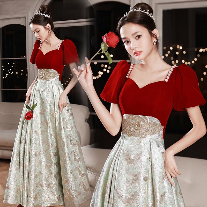 カラードレス ロングドレス パフスリーブ 切り替え 赤 緑 演奏会 発表